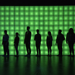 Incognito Mode theatre production; people on stage with green background