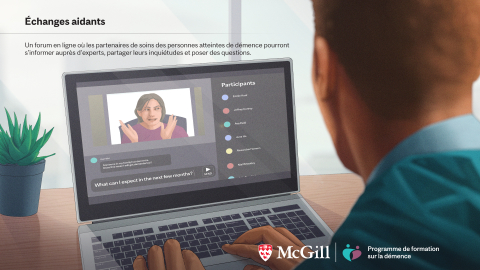 an illustration of a person watching an online webinar on a laptop / une personne qui regarde un webinaire en ligne