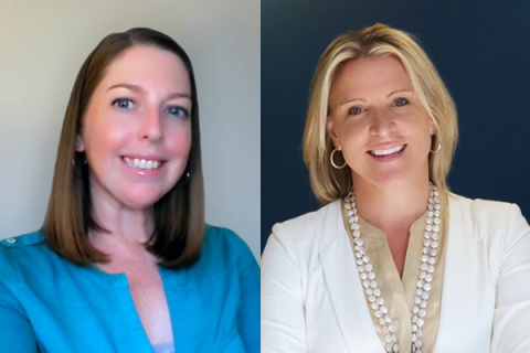 Jessica Eggert has dark hair and is in blue on the left and Diana Cose has blonde hair is wearing white on the right.