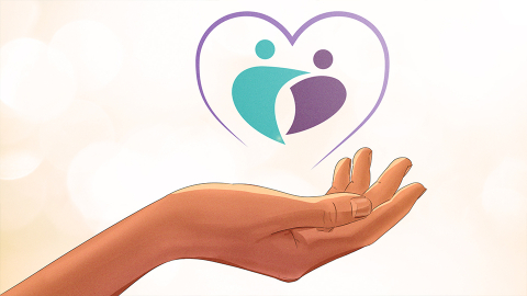 Hand reaching out with program logo and heart illustration