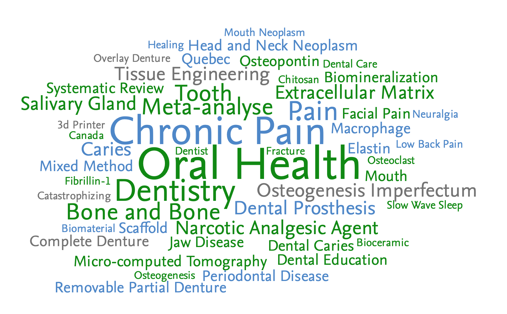 Word cloud: Bone and Bone Pain Tooth Oral Health Mouth  Chronic Pain Extracellular Matrix Canada Dentistry Systematic Review Meta-analyse Dentist Scaffold Tissue Engineering Micro-computed Tomography Dental Prosthesis Osteogenesis Quebec Biomaterial Fracture Dental Care Narcotic Analgesic Agent Dental Caries Caries Healing Salivary Gland Head and Neck Neoplasm Jaw Disease Osteopontin Facial Pain Biomineralization Dental Education Fibrillin-1 Osteogenesis Imperfectum 3D Printer Complete Denture Macrophage Ne