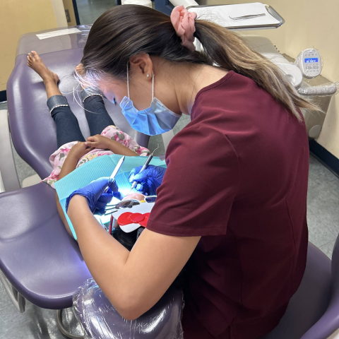 Dentist in surgical clothing working on a patient mouth