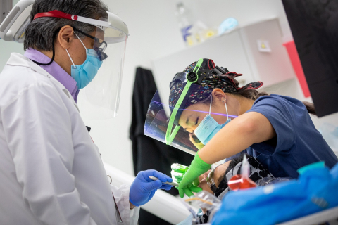 a dentist wearing a white coat, blue mask and shield supervising a dental student wearing blue scrubs while working on a patient