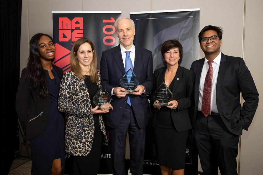 DMAA 2020: (L-R) Elizabeth Chima, DMAA, Executive Director; Young Alumni Achievement Award: Jennifer Heil, BCom’13, Olympian, social innovator and activist; Lifetime Achievement Award: Leonard Schlemm, BCom’74, Entrepreneur, Chairman, Steve Nash Fitness World &amp; Sports Club; Management Achievement Award: Maria Della Posta, BCom’85, MBA’91, President, Pratt and Whitney Canada; Rajdeep Banerji, DMAA, Executive Director