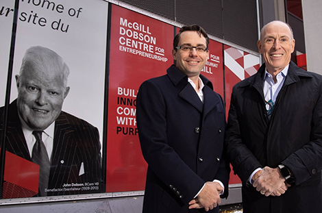 Ari Kiriazidis and Randy Kelly in front of the McGill Dobson Centre for Entrepreneurship