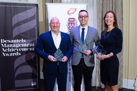 2019 DMAA recipients: Hicham Ratnani (BEng ’08), COO and Co-founder, Frank And Oak (DMAA Young Inspiration Achievement Award), France Margaret Bélanger (EMBA’14), Executive Vice-president, Commercial and Corporate Affairs, Montréal Canadiens (Management Achievement Award), and Dani Reiss, CEO and President, Canada Goose (Management Achievement Award)