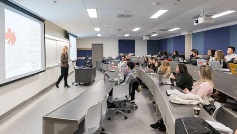 Mary Dellar teaches the Services Marketing course to a BCom class in the Donald E. Armstrong Building’s brand new 75-seat tiered classroom.