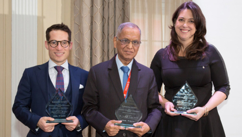 2018 recipients of the Desautels Management Achievement Awards (DMAA): Daniel Saks (BA’07), President and Co-CEO of AppDirect; Narayana Murthy (DSc’15), Co-Founder and Chairman Emeritus of Infosys; and Marie-Josée Lamothe, Managing Director of Google QC and Managing Director Branding of Google.