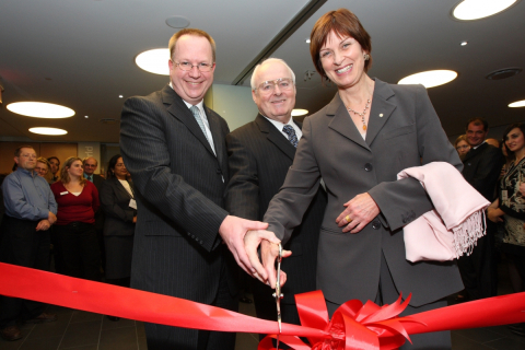 Dean Peter Todd, Dr. Marcel Desautels and Principal Heather Munroe-Blum open the new 3rd Floor and Launch the Marcel Desautels Institute for Integrated Management