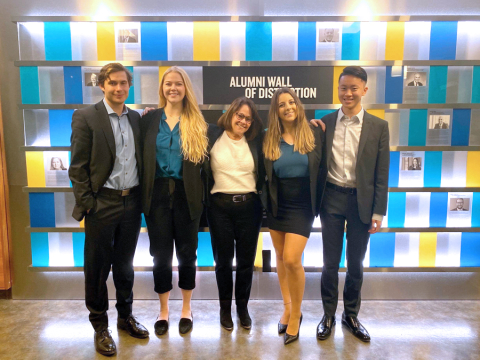 Desautels BCom students Darren Elias, Camille Thomassin, Dixon Wong, and Isabel Maier, accompanied by Professor Melissa Sonberg, win second prize in the Ted Rogers Ethical Leadership Case Competition at Ryerson University. 