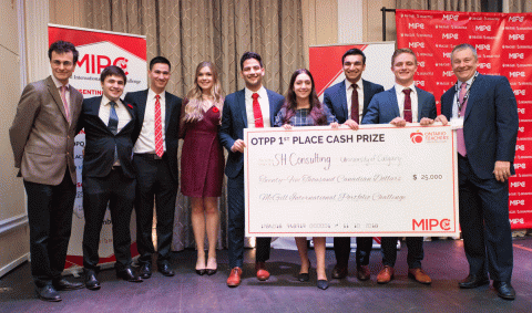 Left to right: Professor Sebastien Betermier; BCom students and MIPC organizers Alexandre Cassagne, Jake Titleman, and Tatjana Dimock; MIPC 2018 grand prize winners; and Kevin Duggan of Ontario Teachers’ Pension Plan