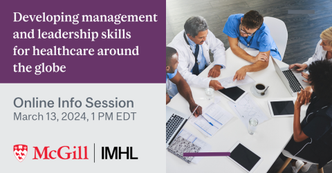 Online Info Session for the International Masters for Health Leadership program on March 13, 2024 at 1pm EDT