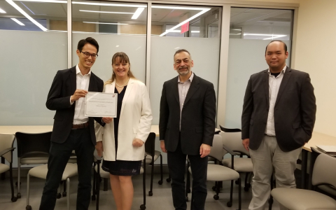 PhD student Takumi Shimizu receiving his PhD Teahing Excellence Award with Dean Isabelle Bajeux, PhD Program Director, Professor Samer Faraj, and Evan Zhou, Desautels Doctoral Society President.