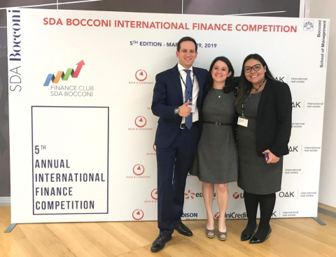 MBA students Kirill Gusev, Fiorella Rojas, and Sonia Torres at the SDA Bocconi 5th Annual International Finance Competition in Milan, Italy