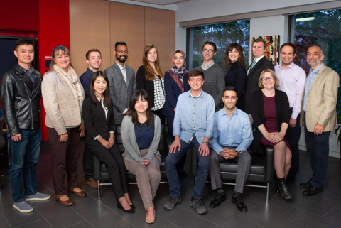 PhD incoming class of 2018: Top row – standing from left to right; Peng Wang (Accounting); Dean Isabelle Bajeux; Ryan Amsden (IS); Arani Roy (Marketing); Aysun Mutlu (OM); Zahra Jalali (OM); Andrew Foley (Strategy); Katy Moloney (Strategy); Dominique Welt (IS) Mohammad Ouhadi (Finance); Samer Faraj (PhD Program Director). Seated from left to right: Nan Ma (Finance); Qing Xu (Finance); Recep Yusuf Bekci (OM): Pouya Behmaram (Finance); Alyson Gounden Rock (OB). Absent: Maryam BourghaniFarahani (IS)