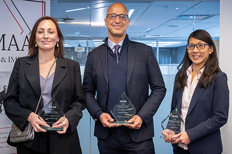 2023 Desautels Management Achievement Award recipients Anna Dewar Gully, Yalmaz Siddiqui, and Joanne Liu. Photo by Owen Egan/Joni Dufour.