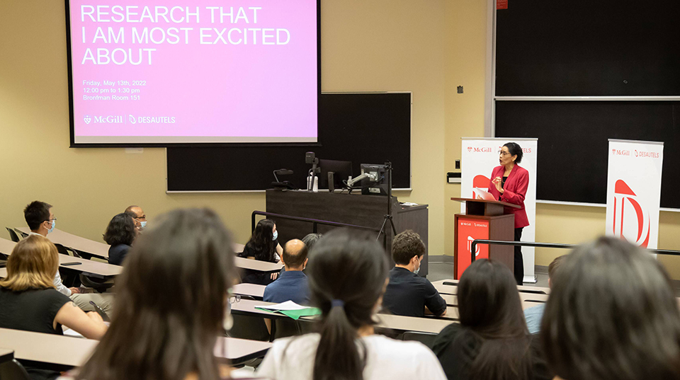 Dean Yolande Chan addresses attendees at "Research I Am Most Excited About" event on May 13, 2022
