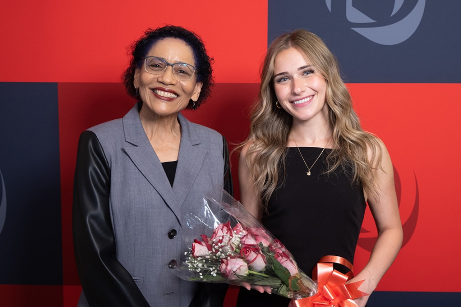 Yolande E. Chan, Dean of the Desautels Faculty of Management, and Outgoing MUS President Delphine Elie-St-Germain (BCom&#039;23) at the Bachelor of Commerce (BCom) convocation reception