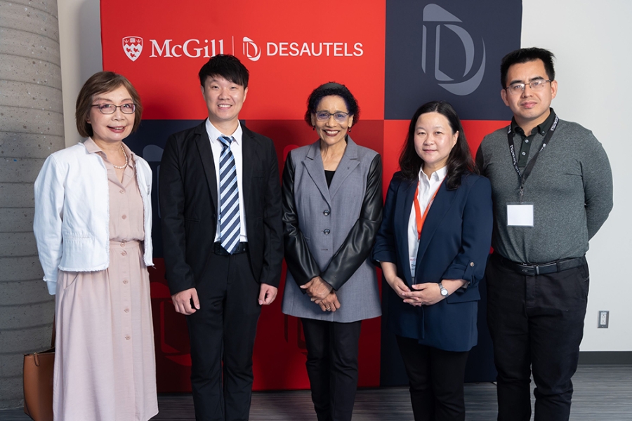 Master of Management in Analytics (MMA) convocation reception. (Left to right: Shanling Li, former Academic Director, GMSCM Program, Liang Shi (GMSCM&#039;21), Yolande E. Chan, Dean of the Desautel Faculty of Management, Danmiao Jin (GMSCM&#039;22), Yichuan Daniel Ding, Academic Director, GMSCM Program).