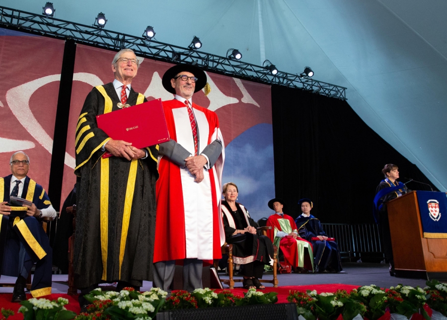 Dean Isabelle Bajeux introduces Honorary Doctorate recipient Gerald Sheff.