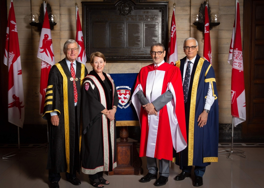 On Thursday, May 31, 2018, real estate developer and investment firm founder Gerald Sheff received his Doctor of Laws, honoris causa. Pictured (left to right): McGill Chancellor Michael Meighen, Principal and Vice-Chancellor Suzanne Fortier, Honorary Doctorate recipient Gerlad Sheff and Chair of McGill Board of Governors Ram Panda.
