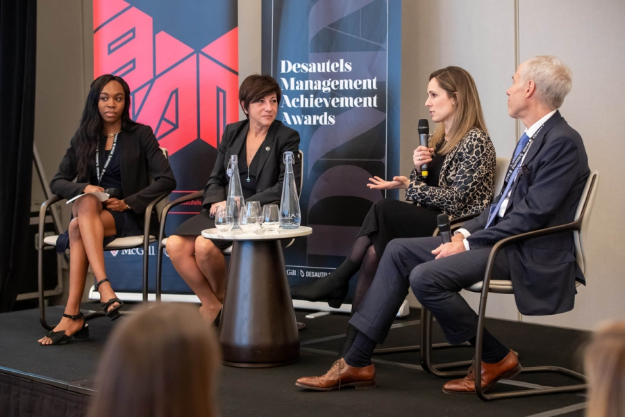 Panel (L-R) - Elizabeth Chima, DMAA, Executive Director; Management Achievement Award: Maria Della Posta, BCom’85, MBA’91, President, Pratt and Whitney Canada; Young Alumni Achievement Award: Jennifer Heil, BCom’13, Olympian, social innovator and activist; Lifetime Achievement Award: Leonard Schlemm, BCom’74, Entrepreneur, Chairman, Steve Nash Fitness World &amp; Sports Club.