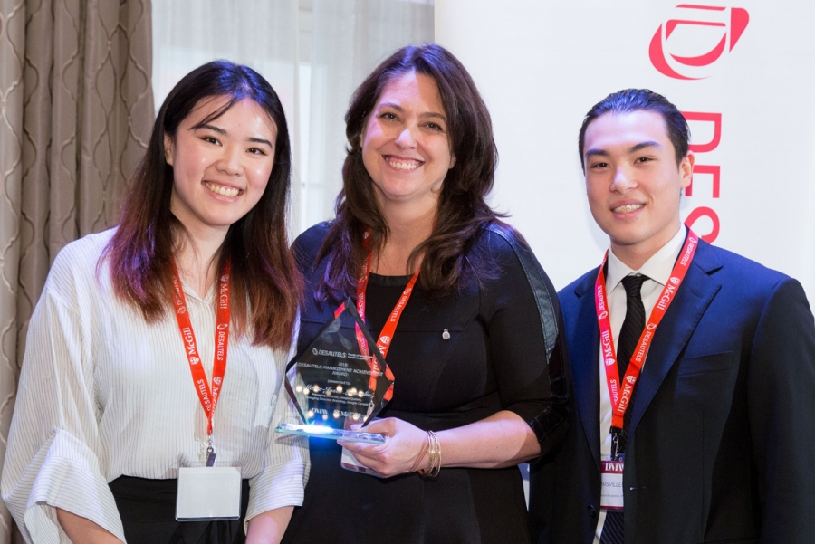 From left to right: BCom student Ivy Chen, recipient of the Management Achievement Award Marie-Josée Lamothe, Managing Director, Google QC and Managing Director Branding, Google Canada, and BCom student Thomas Villeneuve