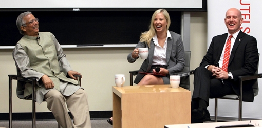 Dr. Yunus shares a laugh with Celine Junke &amp; Mike Ross