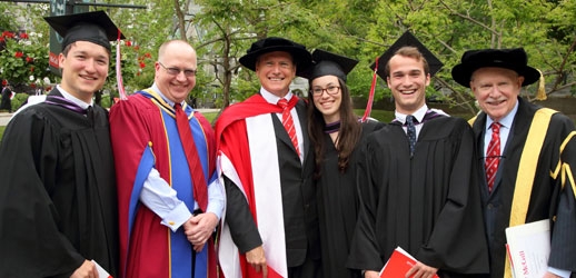 Louis Galtie (BCom&#039;13), Dean Peter Todd (BCom&#039;83), Darren Entwistle (MBA&#039;88, LLD&#039;13), Sarah Guerette (BCom&#039;13), Tanguy Giraud (BCom&#039;13), and Chancellor Arnold Steinberg (BCom&#039;54) (Photo: Owen Egan)