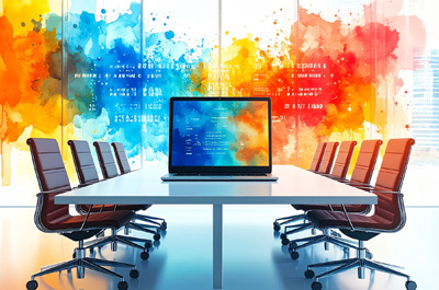 Where to start with AI for your business Conference room table chairs laptop screen