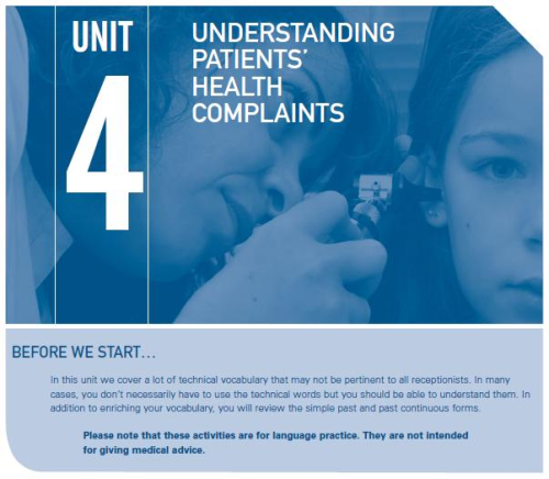 Receptionists Workbook Unit 4: Understanding patient&#039;s health complaints