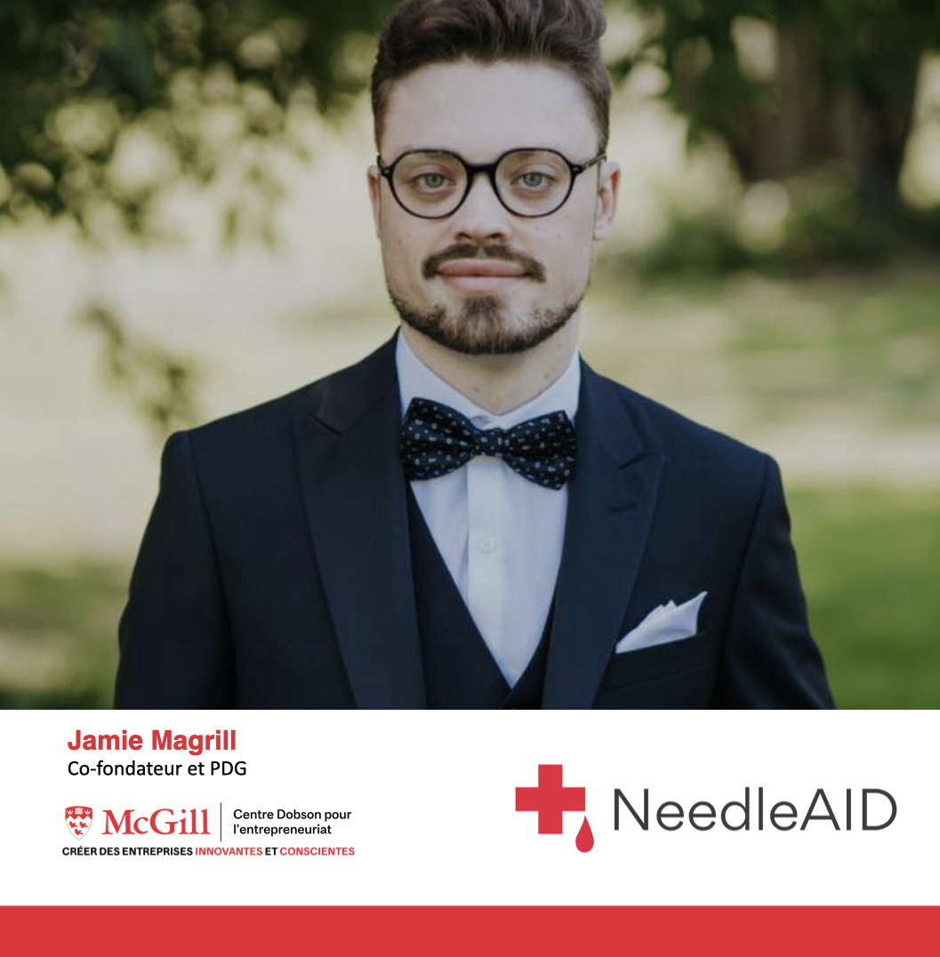 Picture: man in a bowtie and suit in front of a field. Text: Jamie Magrill, CEO and co-founder