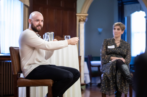 Francis Davidson, co-founder and CEO of Sonder, being interviewed by Sandrine Rastello