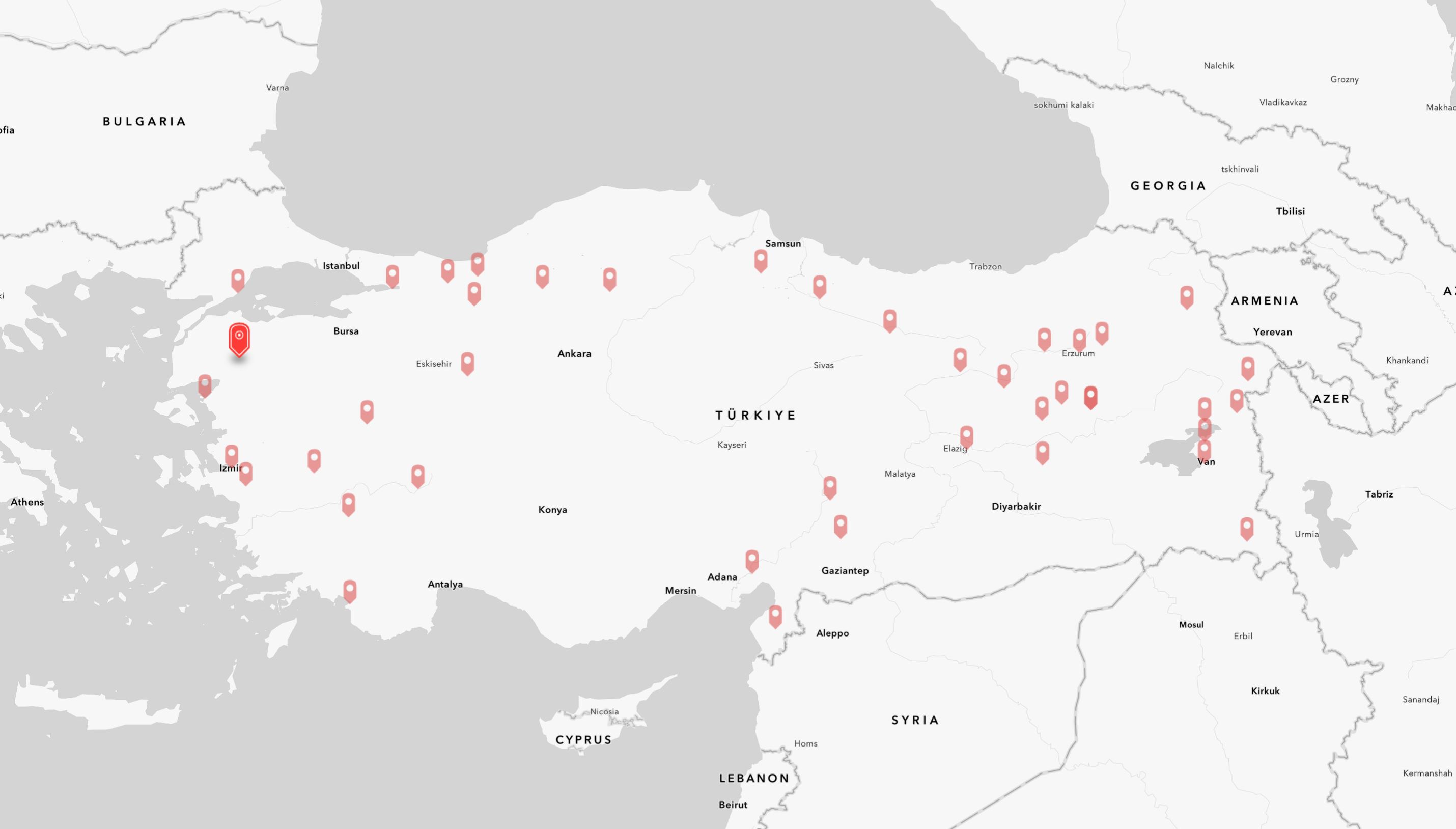 Map of Türkiye showcasing the location of the 1953 Çanakkale-Yenice-Gönen earthquake