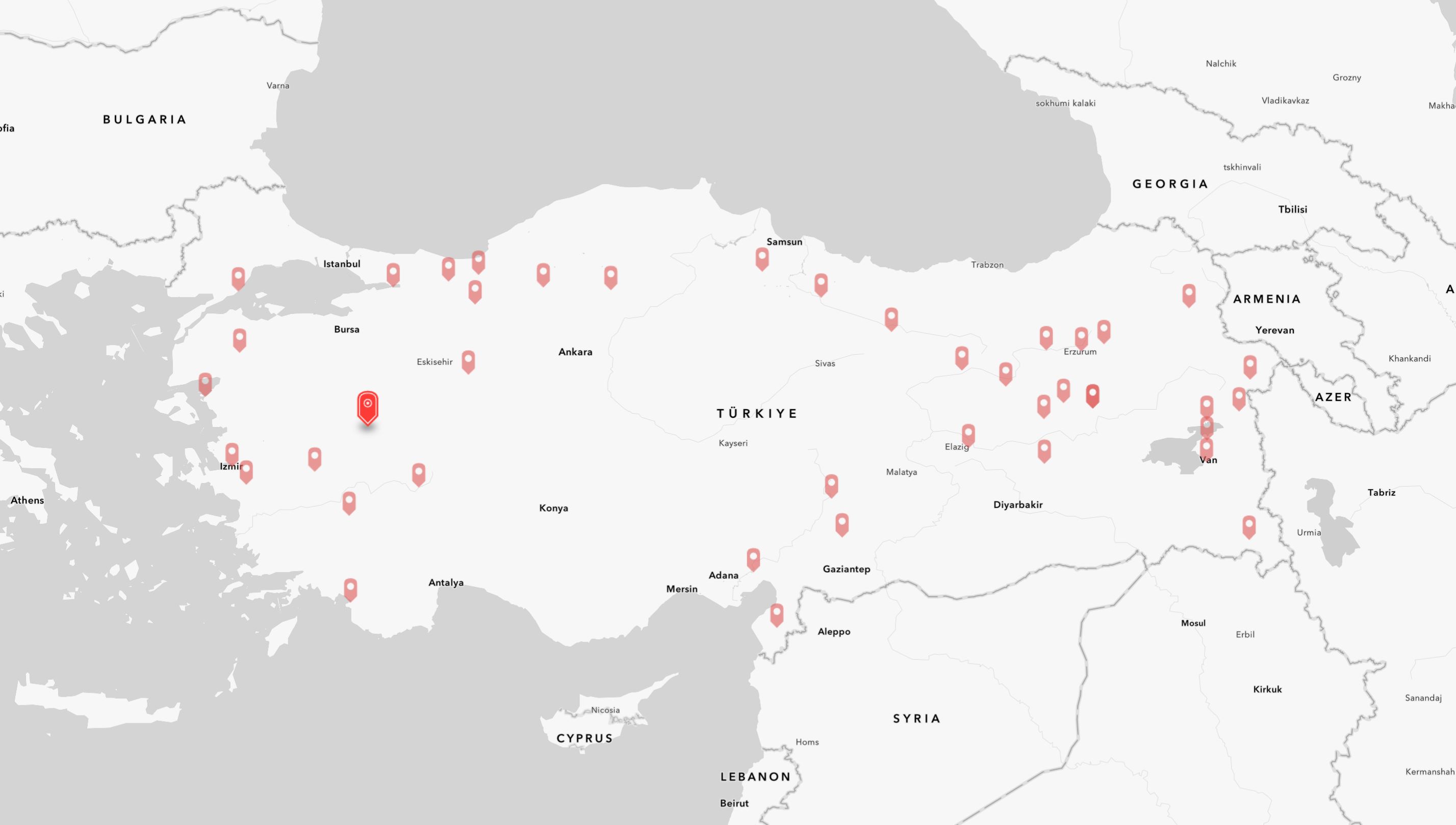 Map of Türkiye showcasing the location of the 1970 Kütahya-Gediz earthquake