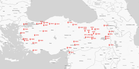 Map of Türkiye showing pins and years of earthquakes from the last 100 years