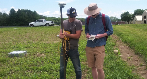 Recording the GPS coordinates of experimental plots in the field, Macdonald Campus, McGill University