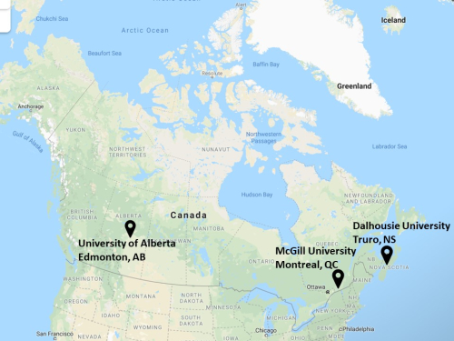 Map of Canada indicating the locations of the three field research sites (Edmonton, Montreal, Truro)