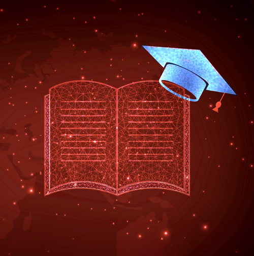 Digital stock image of a red book and a blue grad cap