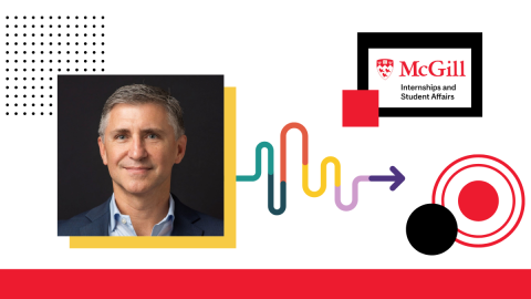 Image of Peter Balyta along with the McGill Internships and Student Affairs logo with decorative elements