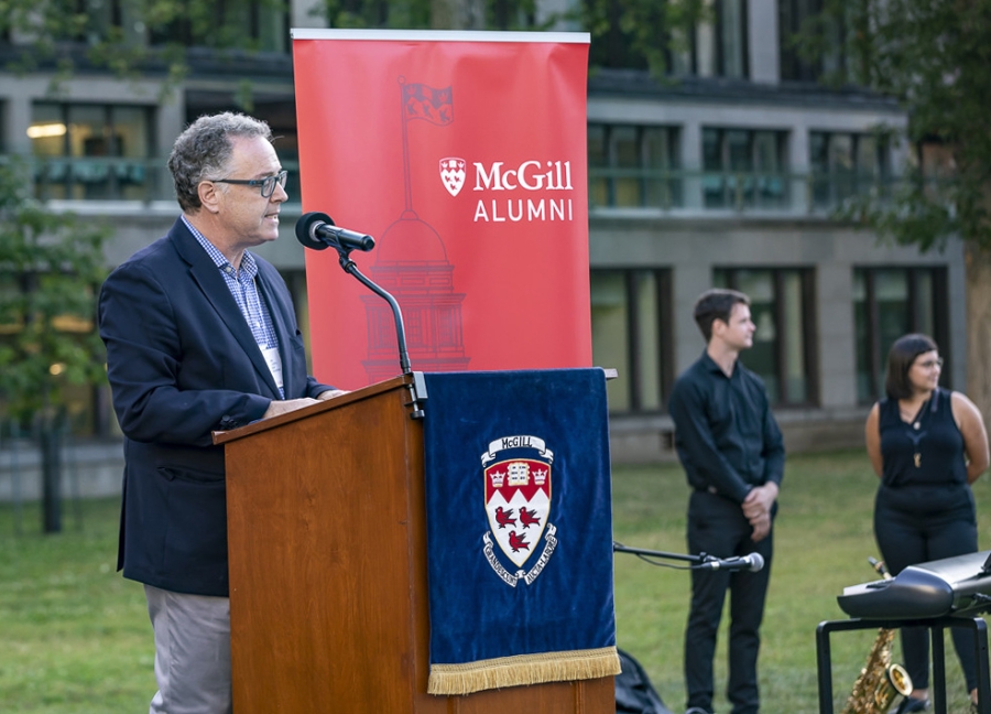Marc Weinstein addresses the crowd on McGill lower campus