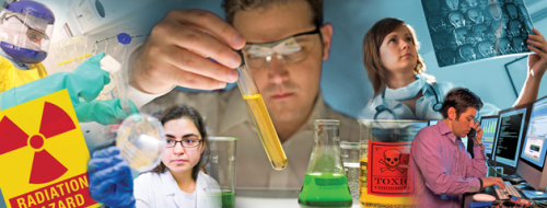 A collage of experts handling safety equipment/procedures within their respective fields