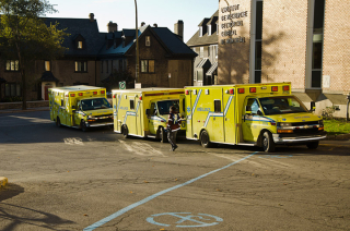 Ambulances line up outside the hospital