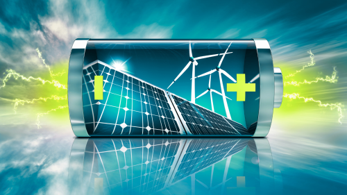 Decorative photo, battery, windmills, solar panels, lightning