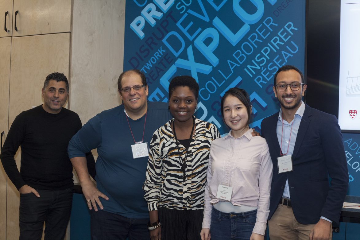 Group shot during 2020 John D. Thompson Entrepreneurial Development Seminar of TechIdea second place team and the three judges.