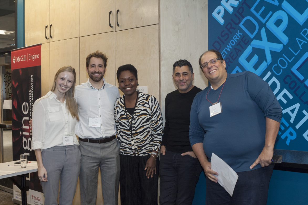 Group shot during 2020 John D. Thompson Entrepreneurial Development Seminar of TechIdea first place team and the three judges.