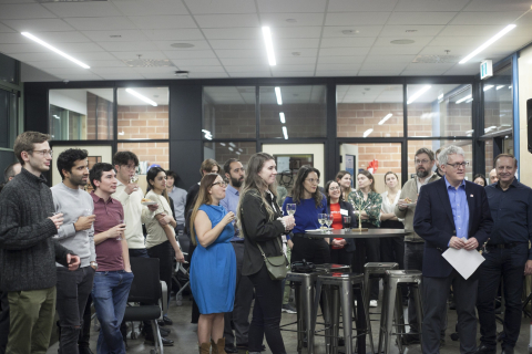 Crowd listening to pitches at Engine Centre