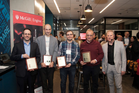 Group shot of 4 McGill faculty members receiving plaques for patents that were awarded to them in 2019. 
