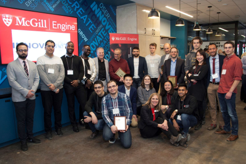 Group photo of all the students and faculty members who were celebrated during Engine's Celebration of Entrepreneurship and Innovation event in 2019.  
