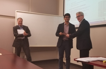 Professor Subhasis Ghoshal (not present) and Dr. Sourjya Bhattacharjee, post-doctoral fellow, both Civil Engineering and Applied Mechanics, for their “Scale Up of Novel Biphasic Treatment Process for the Treatment of Chlorinated Solvents with Reactive Iron Nanoparticles” project.